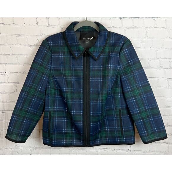 CARLISLE blue green black white zipper 3/4 sleeve unlined jacket blazer 12 - Picture 1 of 10